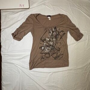 Agenda Women's Taupe Ruched Sleeve Floral Sequin Top Size‎ S Brown